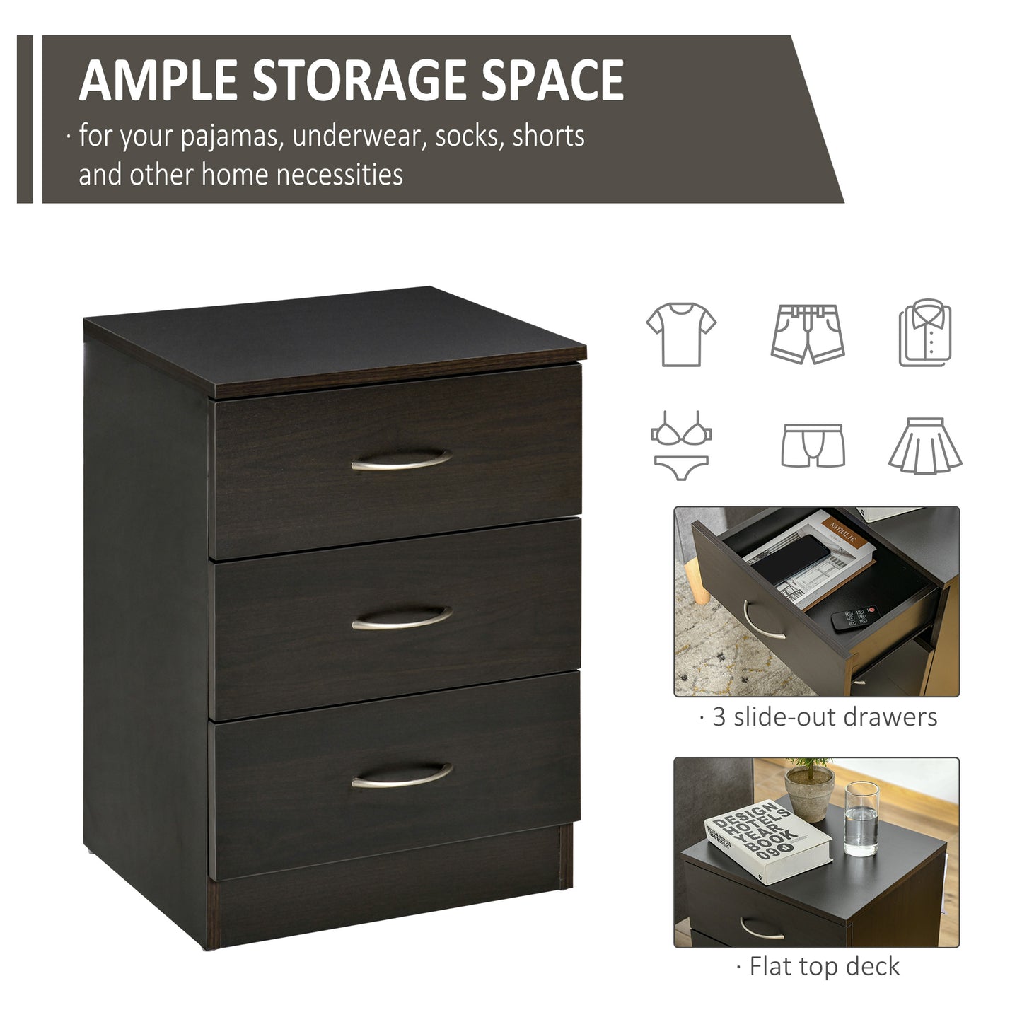 Modern 3-Drawer Nightstands with Anti-Tip Design, Dark Brown (Set of 2)