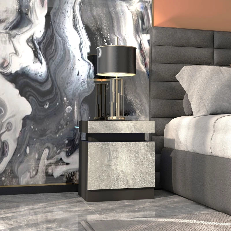 LED Nightstand with Remote Control and 2 Drawers, Cement Gray