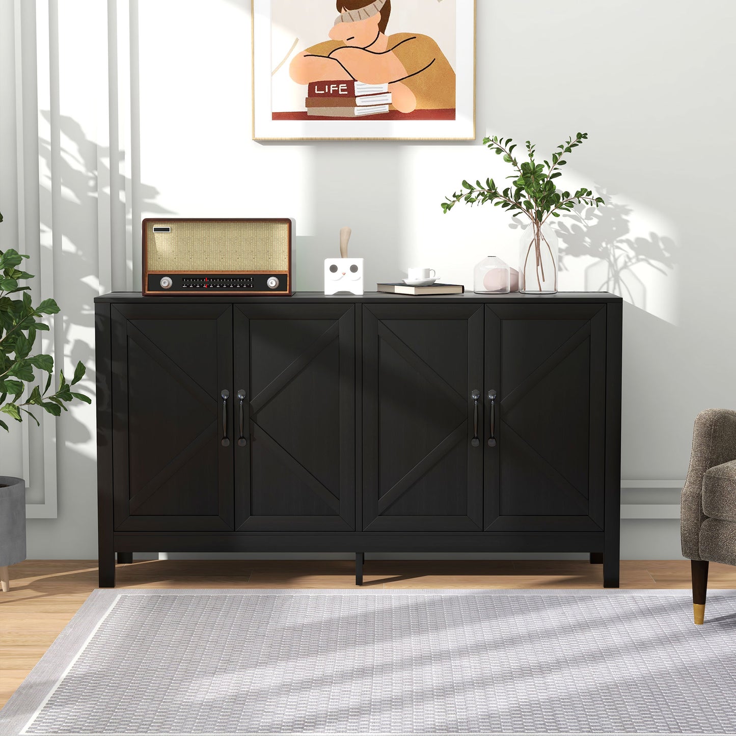 Farmhouse Buffet Storage Cabinet with Barn Door Design - Black Oak