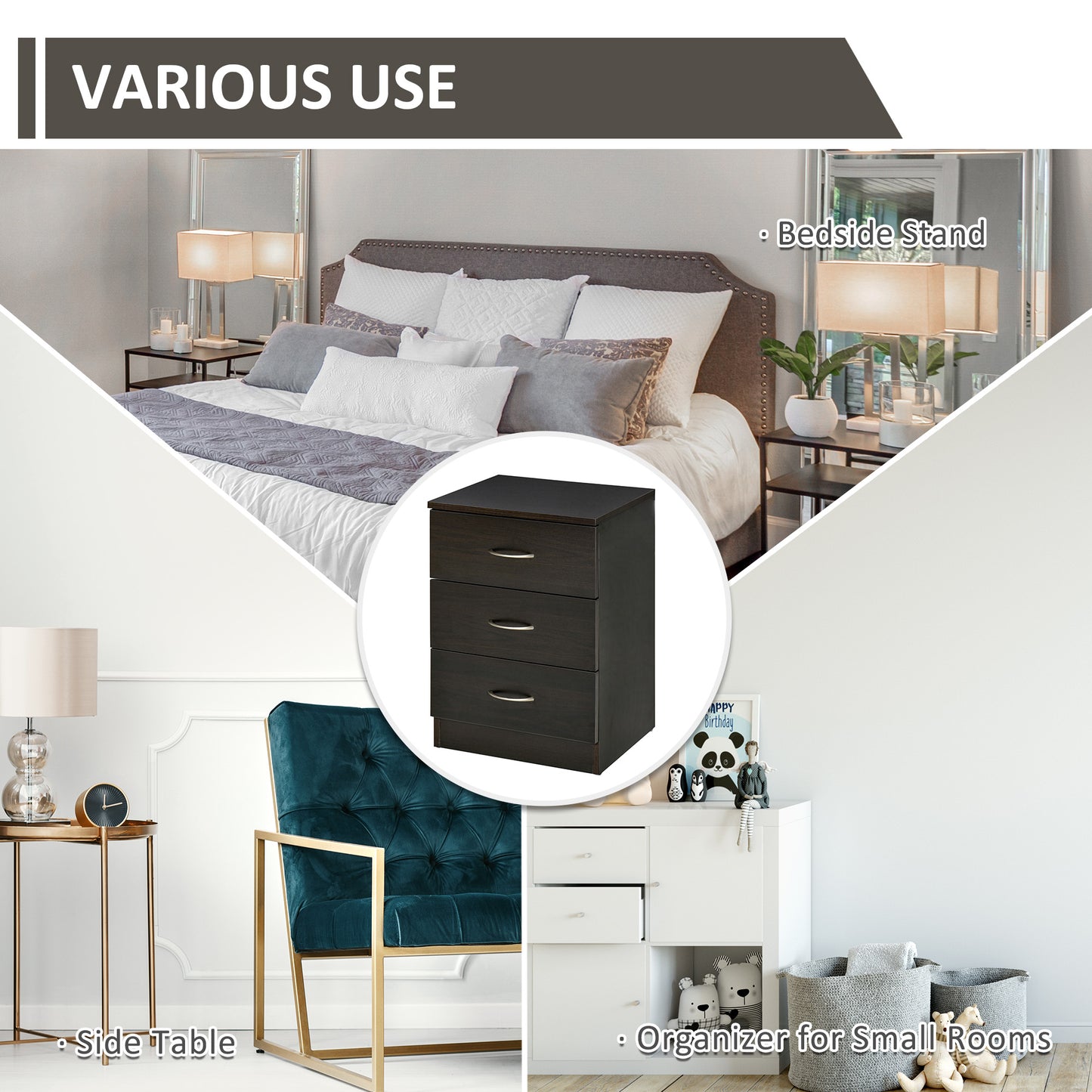 Modern 3-Drawer Nightstands with Anti-Tip Design, Dark Brown (Set of 2)