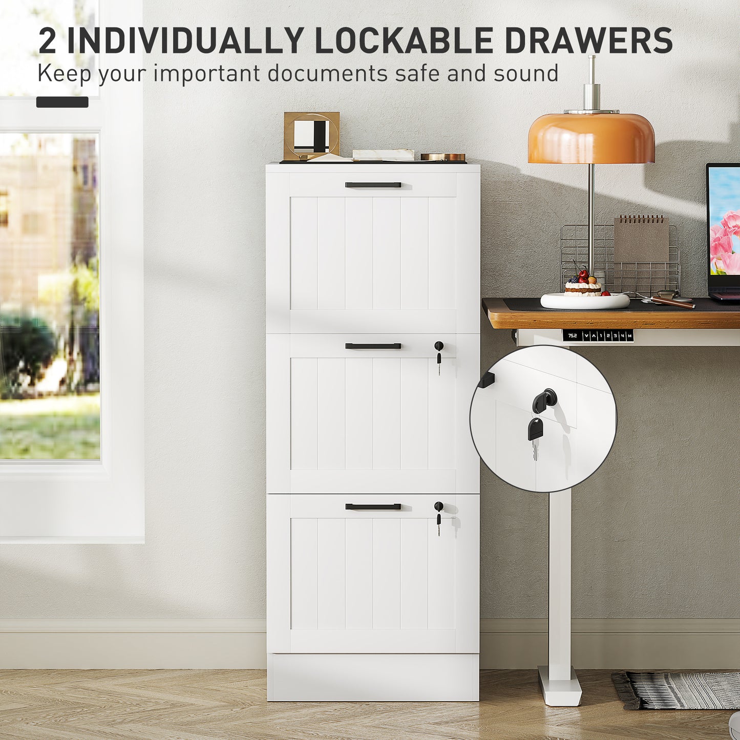 3-Drawer Locking File Cabinet with Adjustable Hanging Bars - White