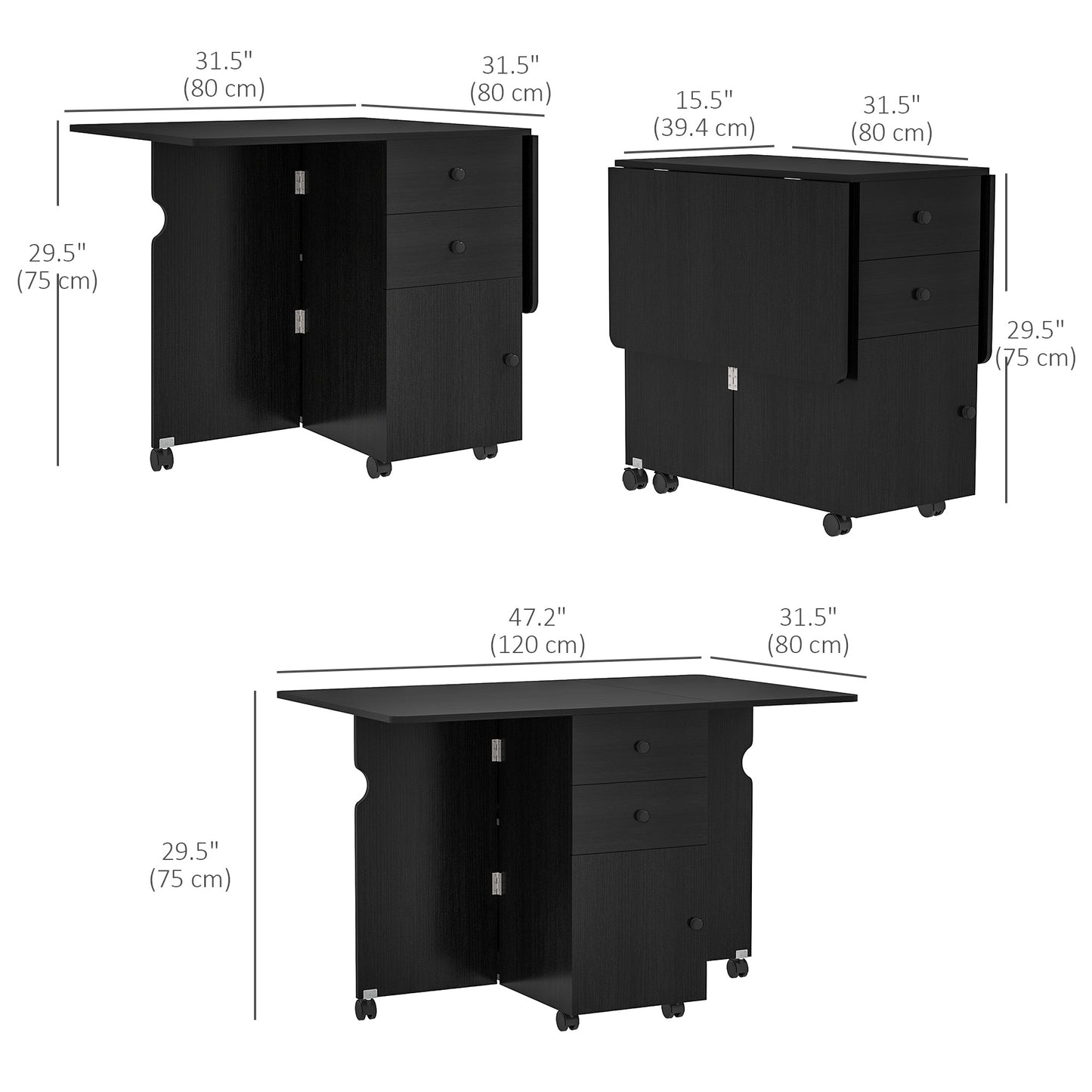 Extendable Drop Leaf Dining Table with Storage - Black Wood Grain
