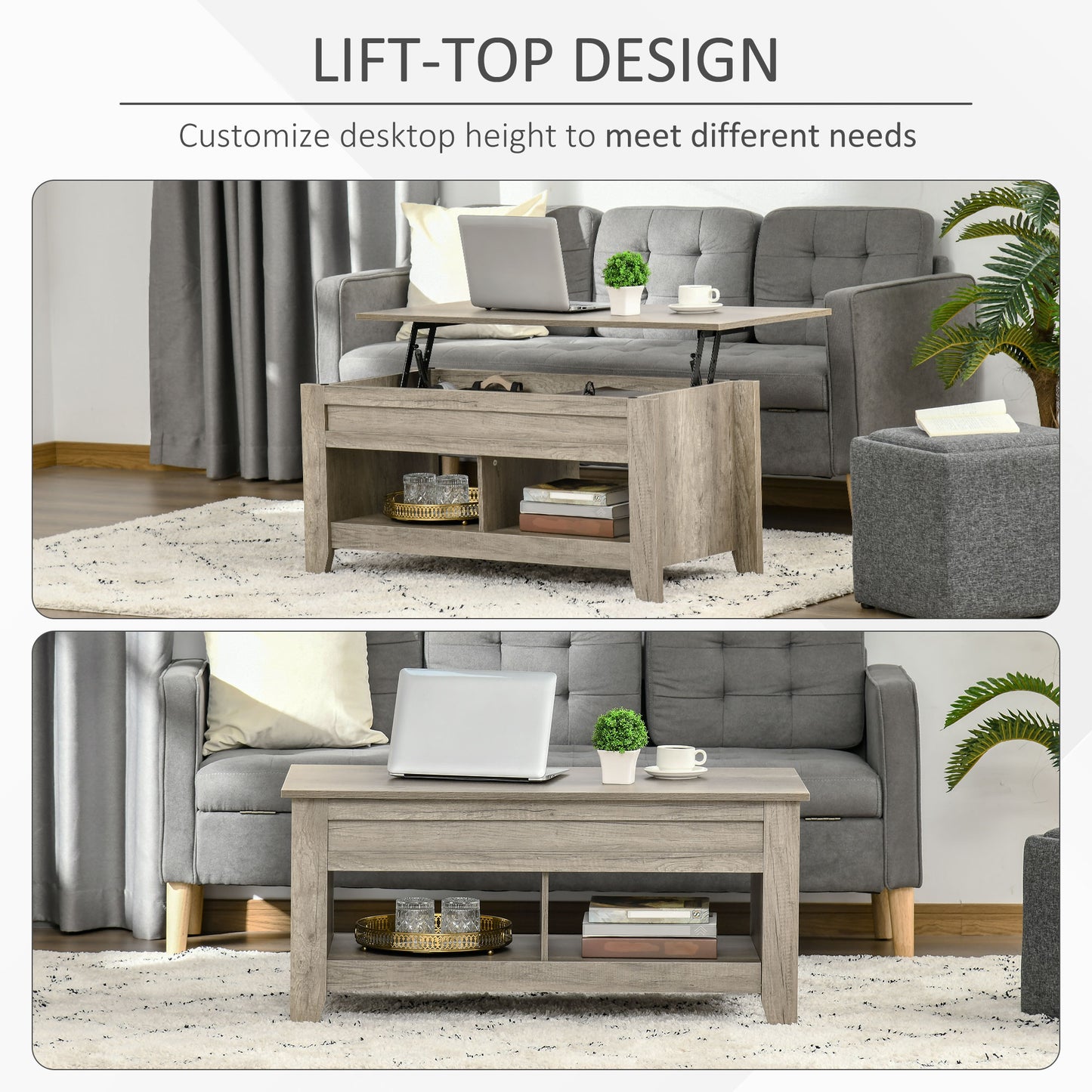 Lift Top Coffee Table with Hidden Storage, Oak Effect