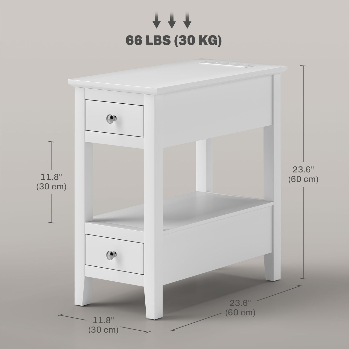 Narrow Side Table with Built-in Charging Station and USB Ports, White