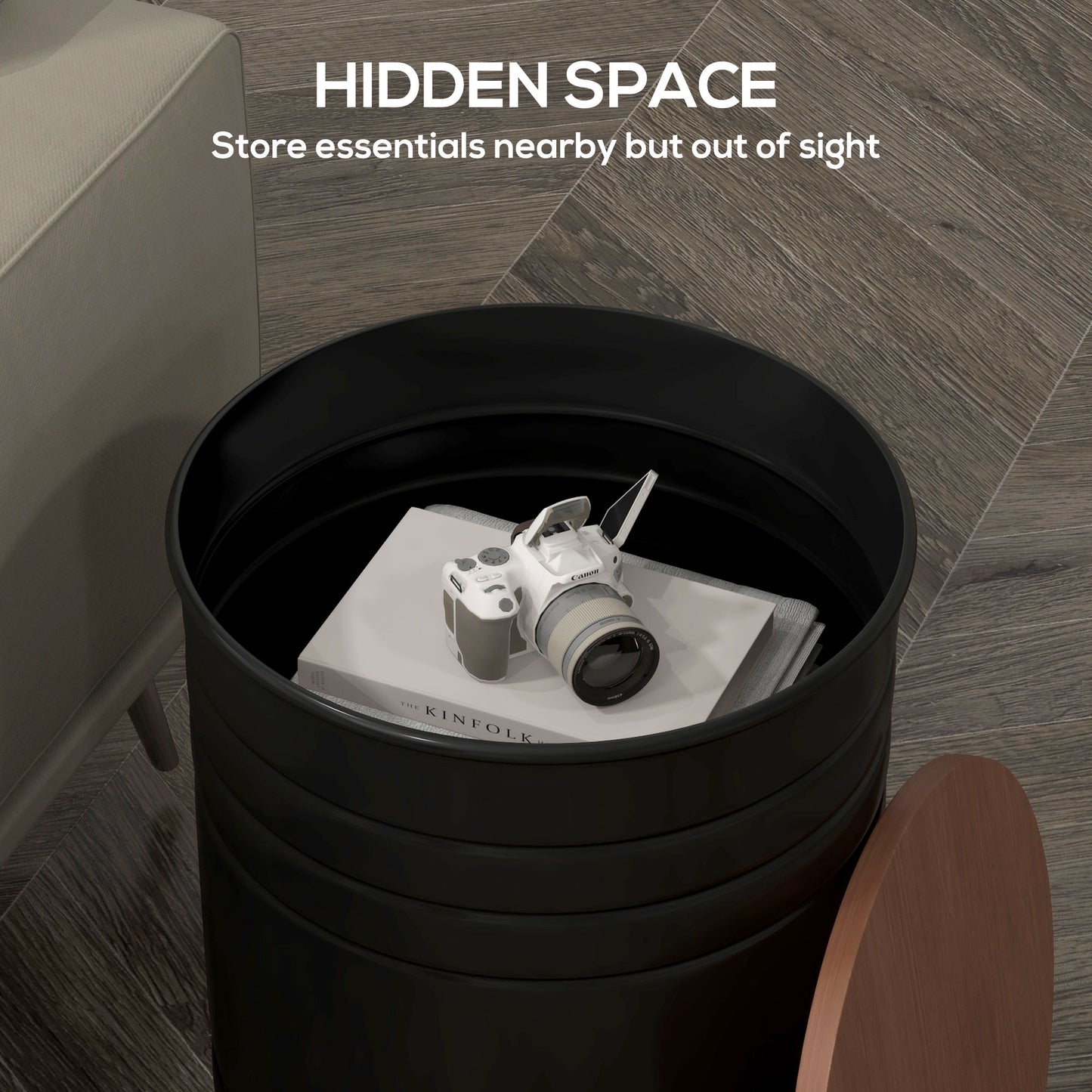 Round Nesting Side Tables with Hidden Storage and Wooden Lids, Black (Set of 2)