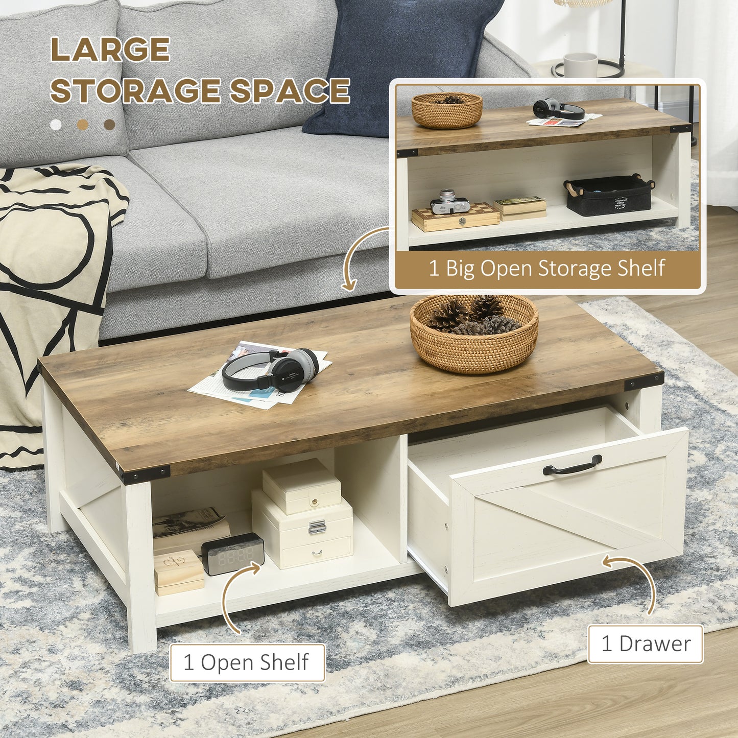 Coffee Table with Drawer and Storage Shelf, Brown