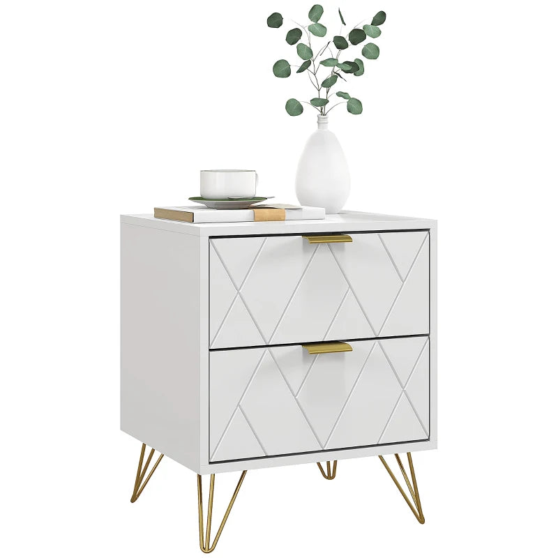 Modern Bedside Table with Gold Hairpin Legs and 2 Drawers, White
