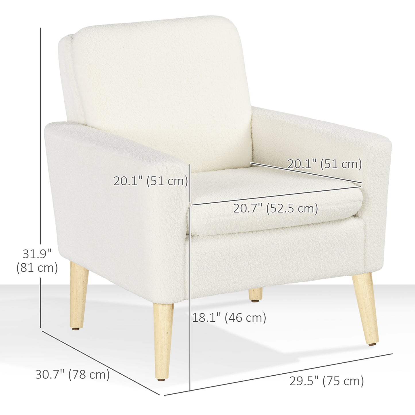 Fabric Accent Chair, Modern Upholstered Armchair with Wood Legs, Cream White