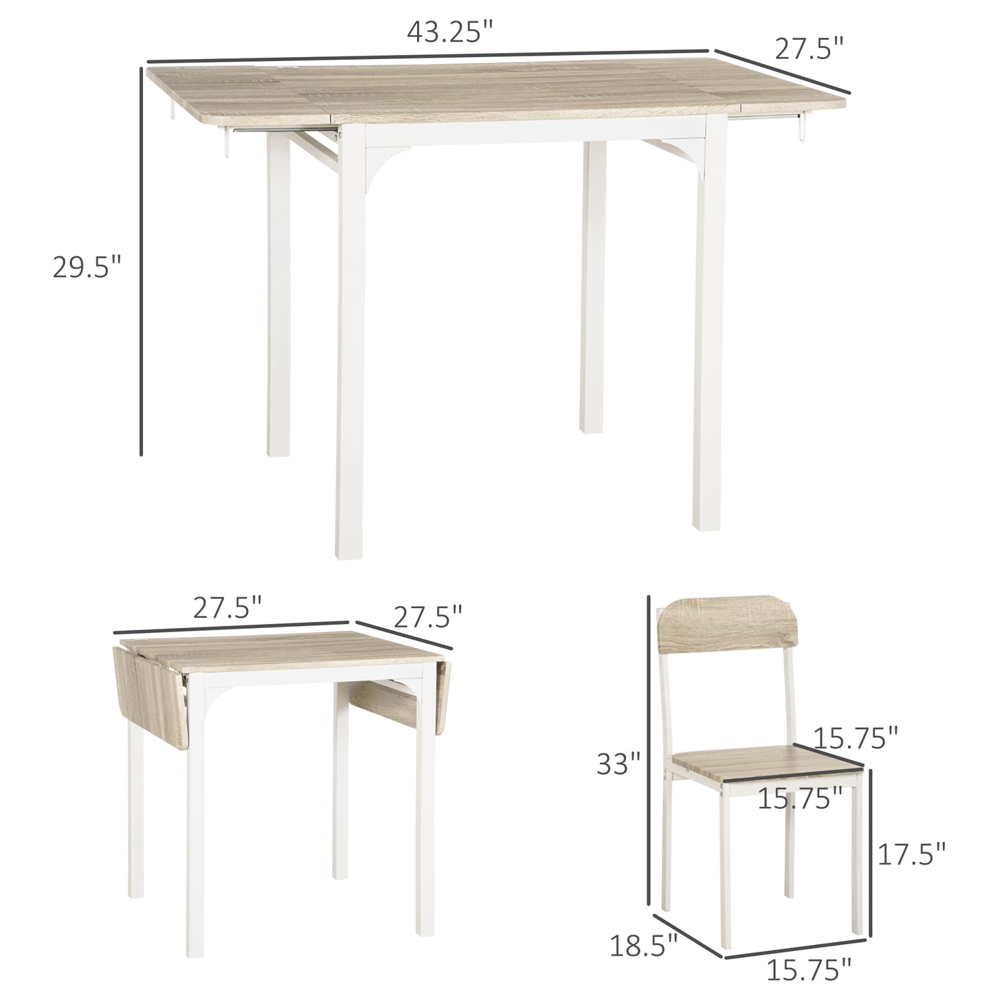 3-Piece Drop Leaf Dining Set with Table and 2 Chairs