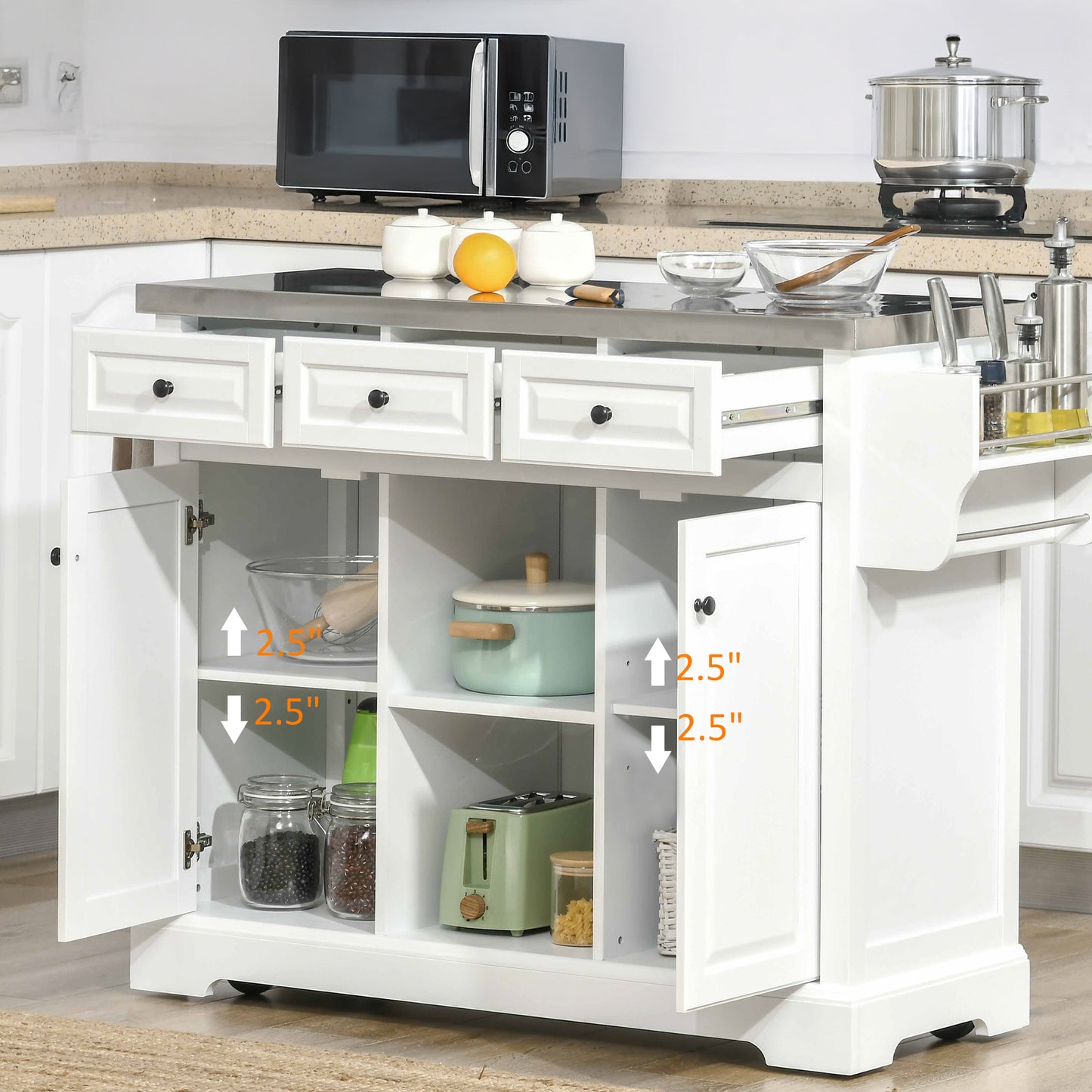 Kitchen Island Cart with Stainless Steel Top, Spice Rack and Storage Drawers, White