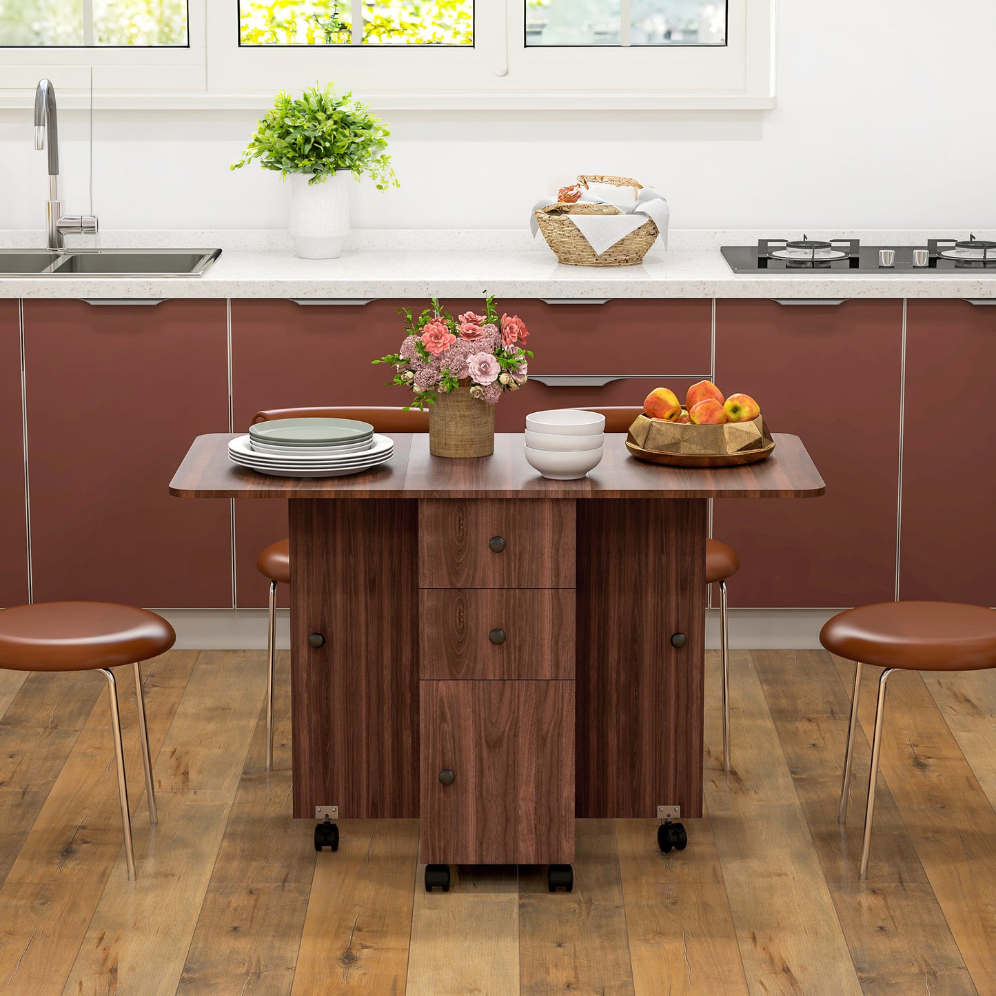 Drop Leaf Dining Table with Drawers and Cabinet - Brown