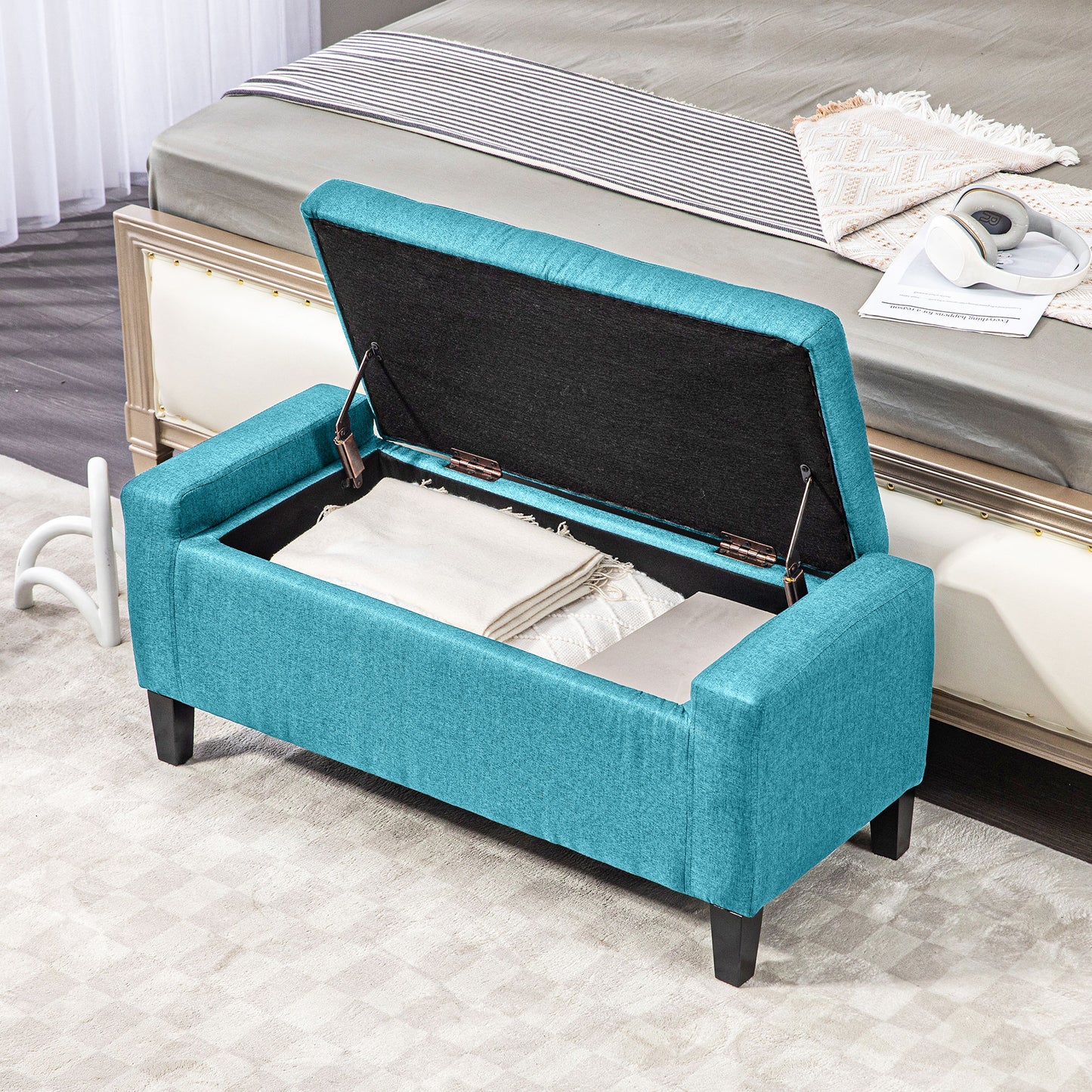 Linen Upholstered Storage Ottoman Bench with Tufted Design, Green