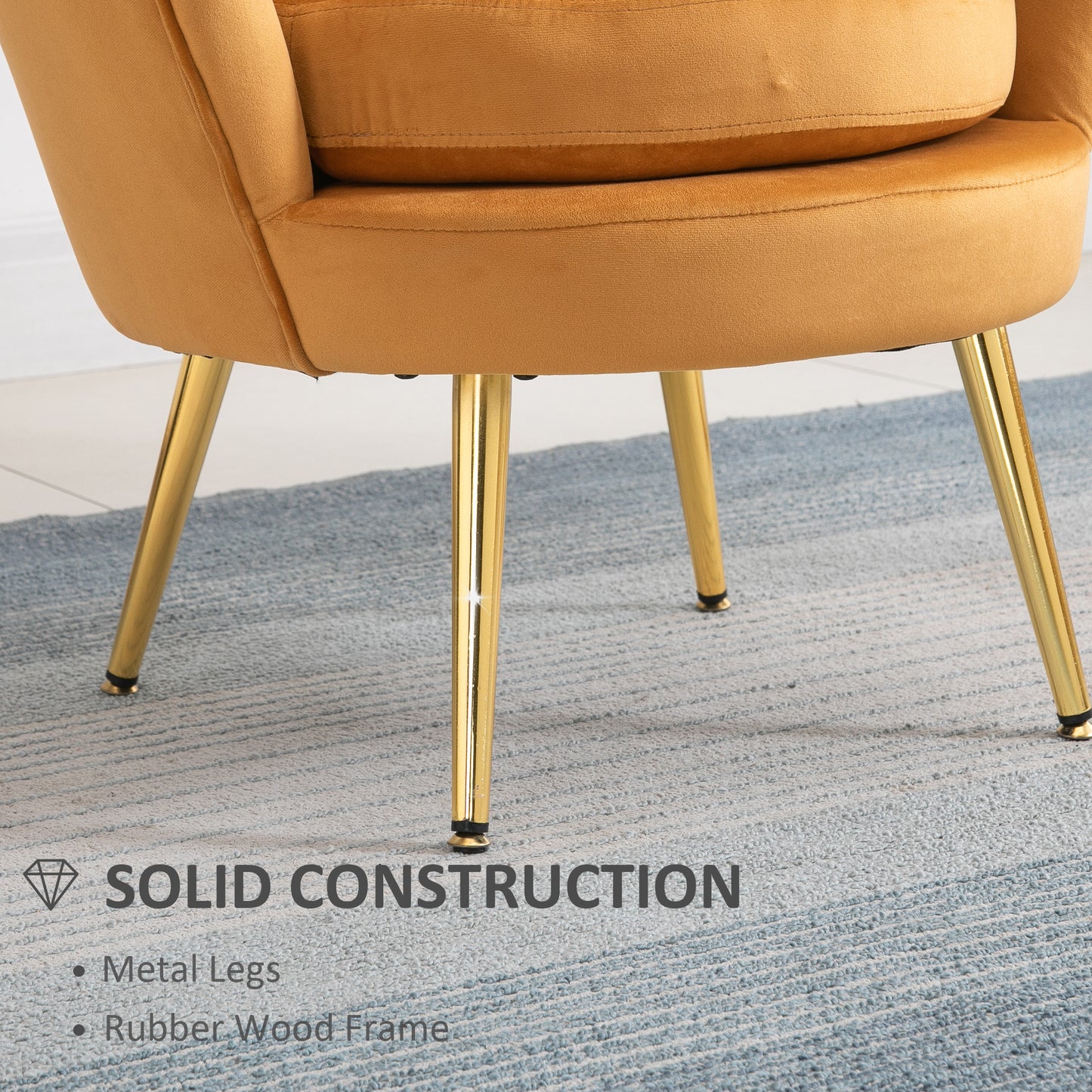 Modern Velvet Accent Chair with Lotus Backrest and Gold Legs, Yellow