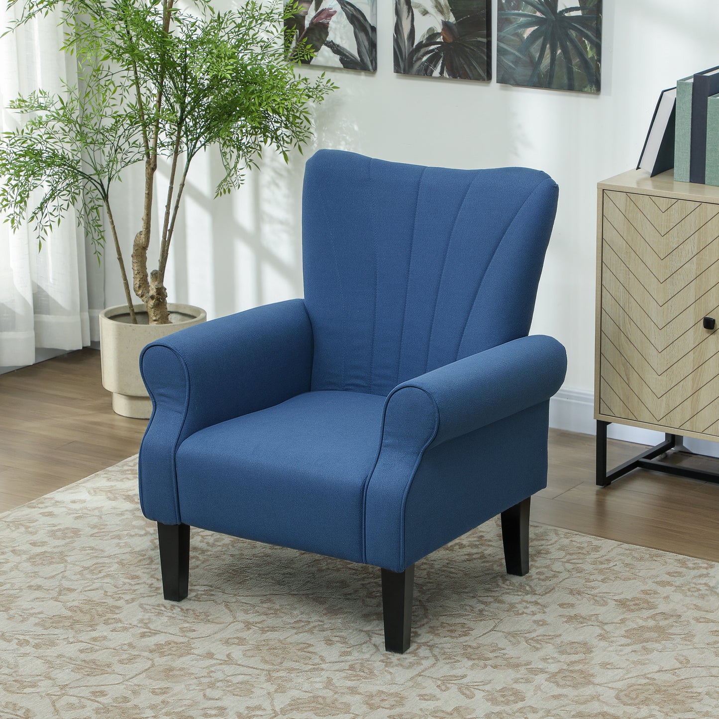 Fabric Wingback Accent Chair with Wood Legs, Dark Blue