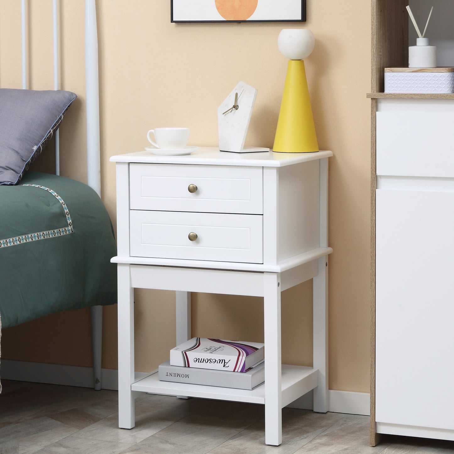 White Modern End Table with Drawers and Storage Shelf