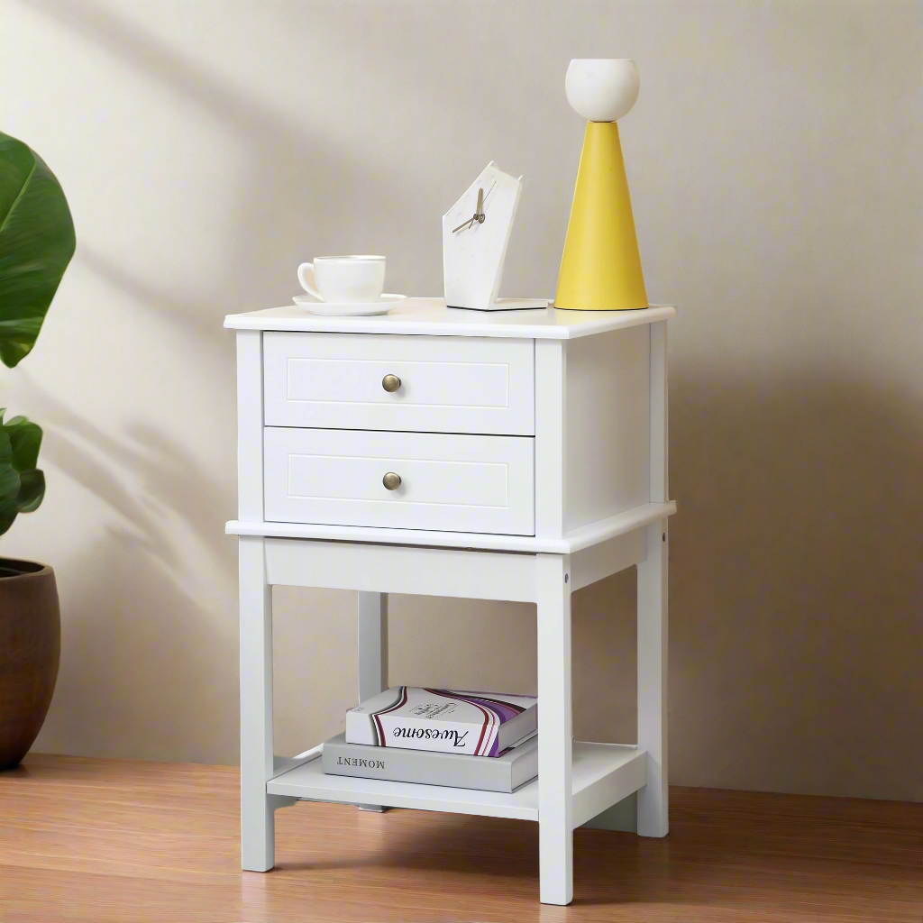 White Modern End Table with Drawers and Storage Shelf