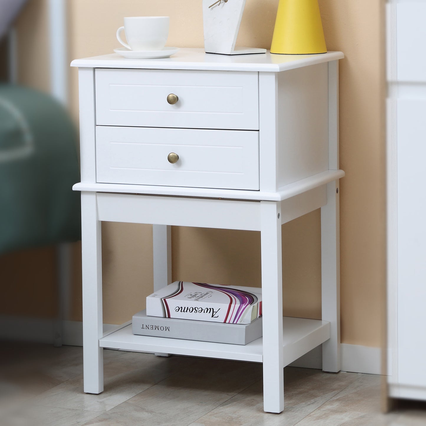 White Modern End Table with Drawers and Storage Shelf