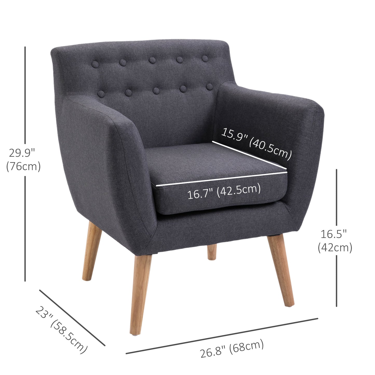 Linen Upholstery Armchair, Mid-Century Modern Accent Chair with Wood Frame, Dark Gray