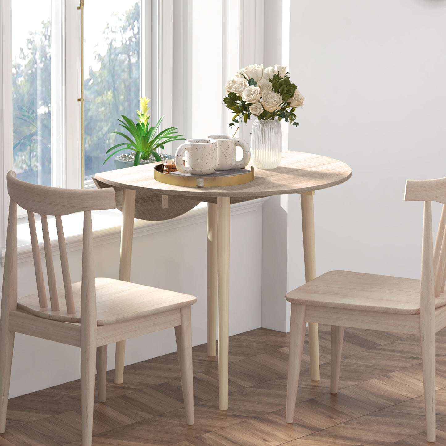 Oak Round Folding Dining Table with Drop Leaf for Small Spaces