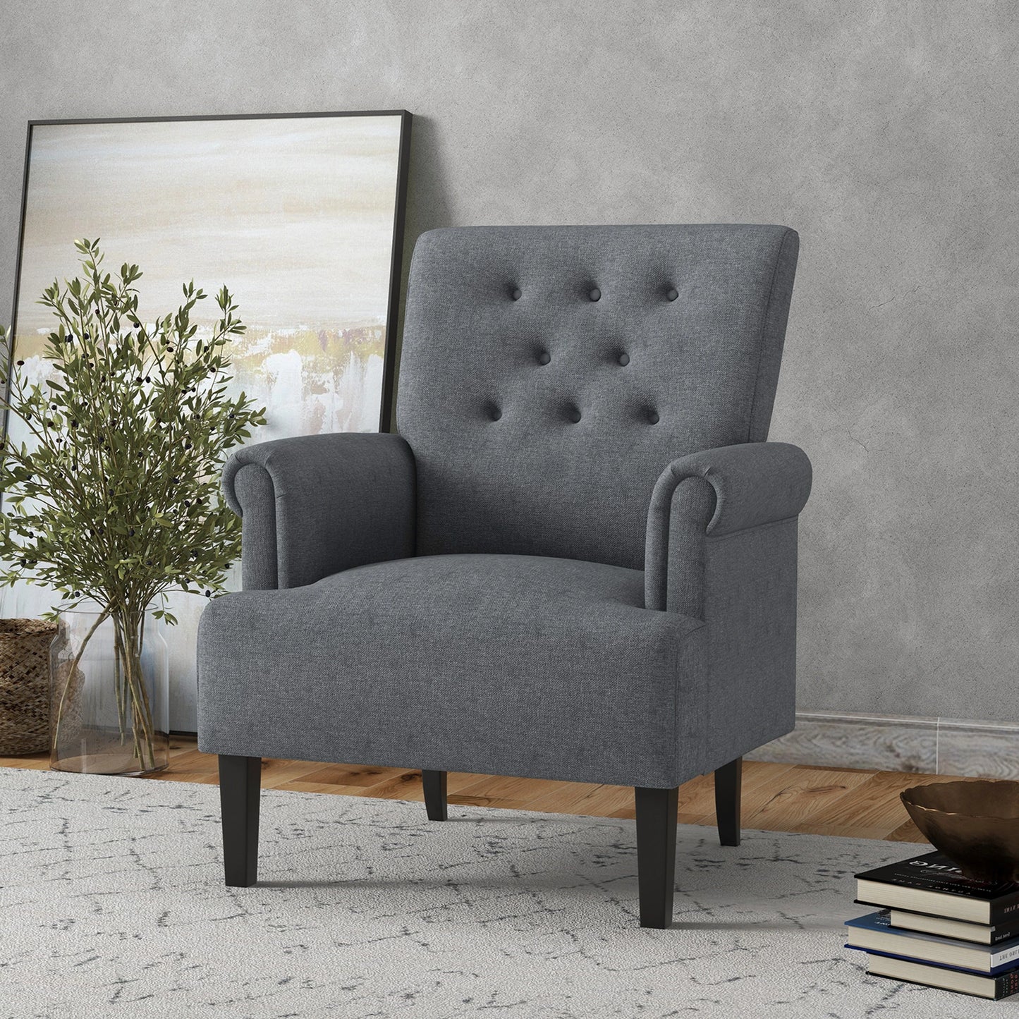 Fabric Accent Chair with Wood Legs and Rolled Arms, Gray