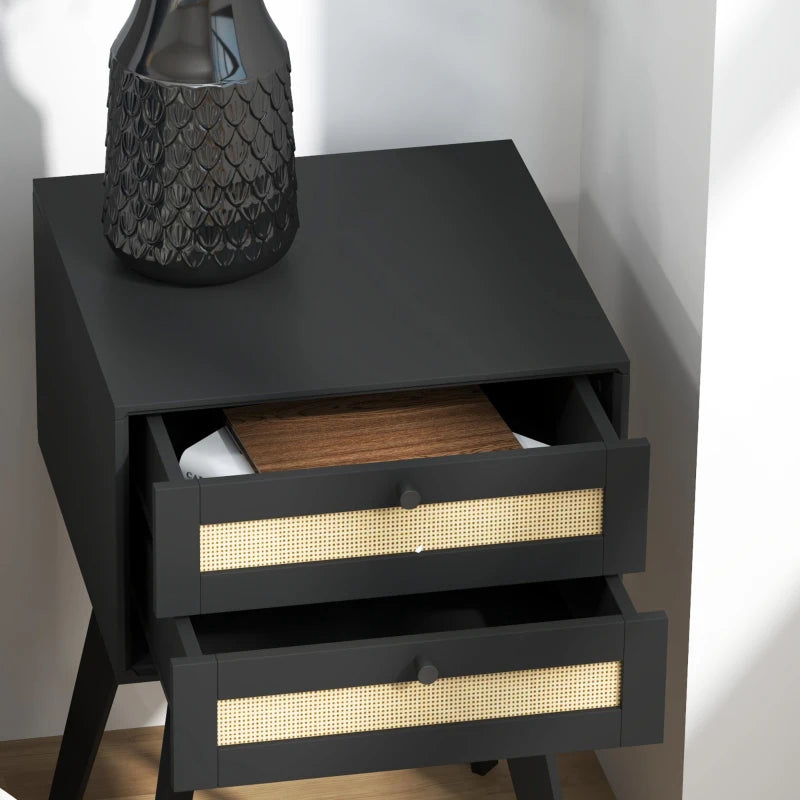 Boho Square Nightstands with 2 Rattan Drawers, Black (Set of 2)