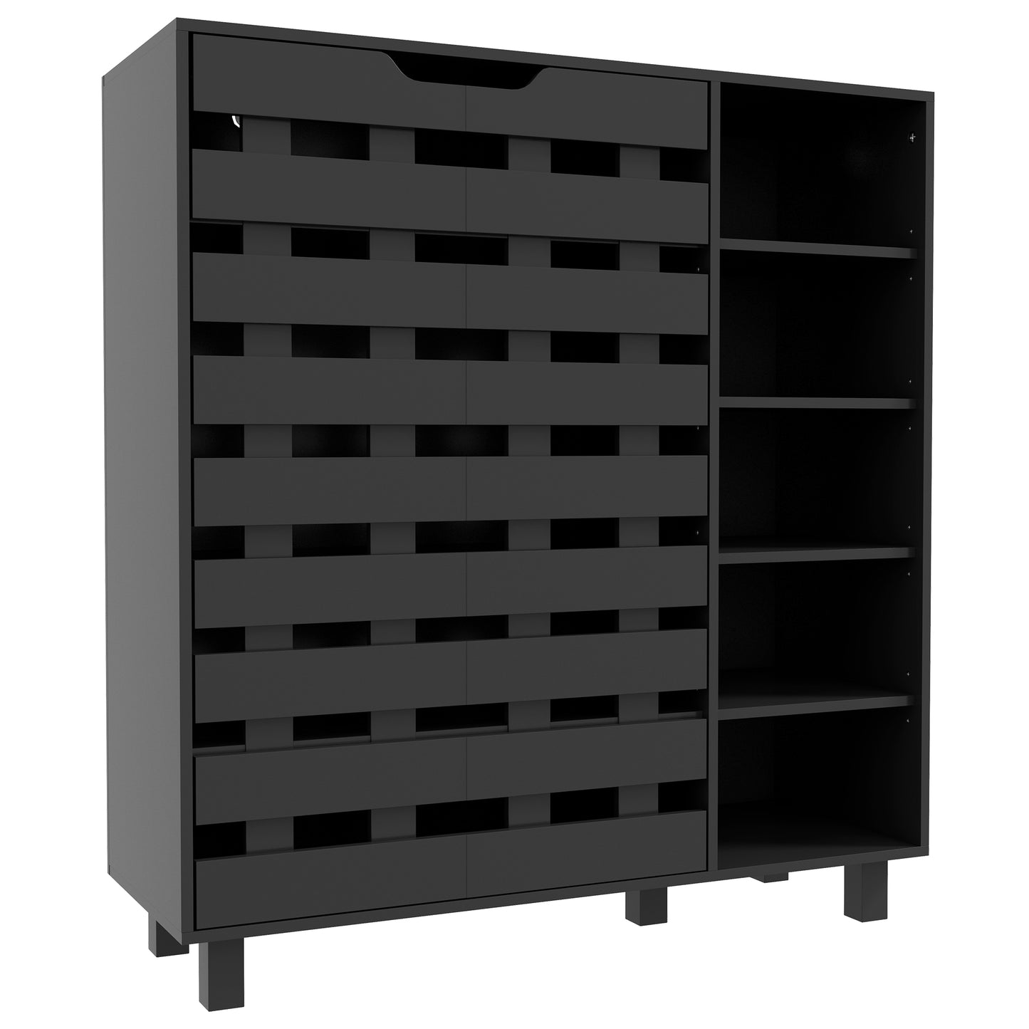21 Pair Shoe Storage Cabinet with Double Doors and Open Shelves, Black