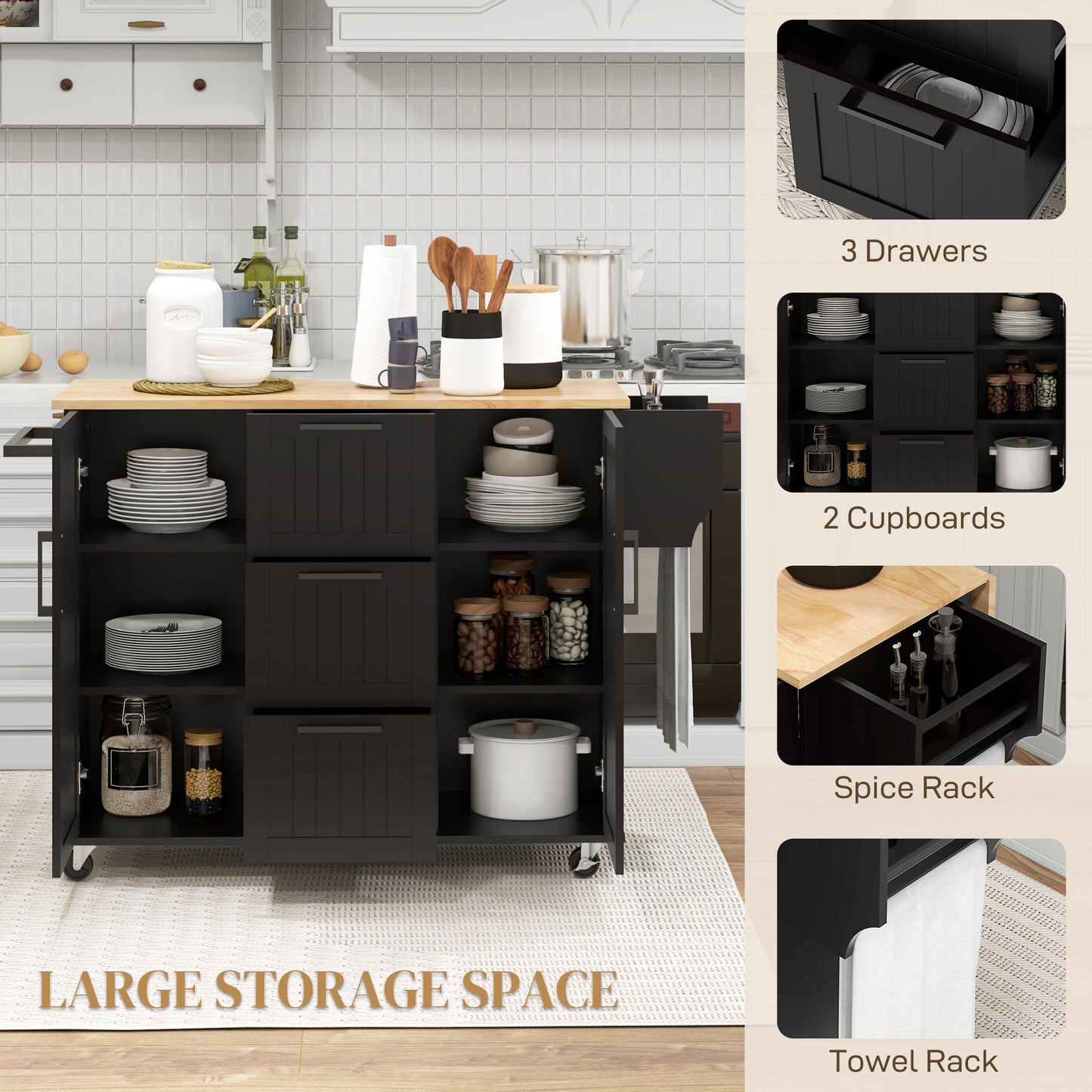 Rolling Kitchen Cart with Drop Leaf, 3 Drawers and Solid Wood Top, Black