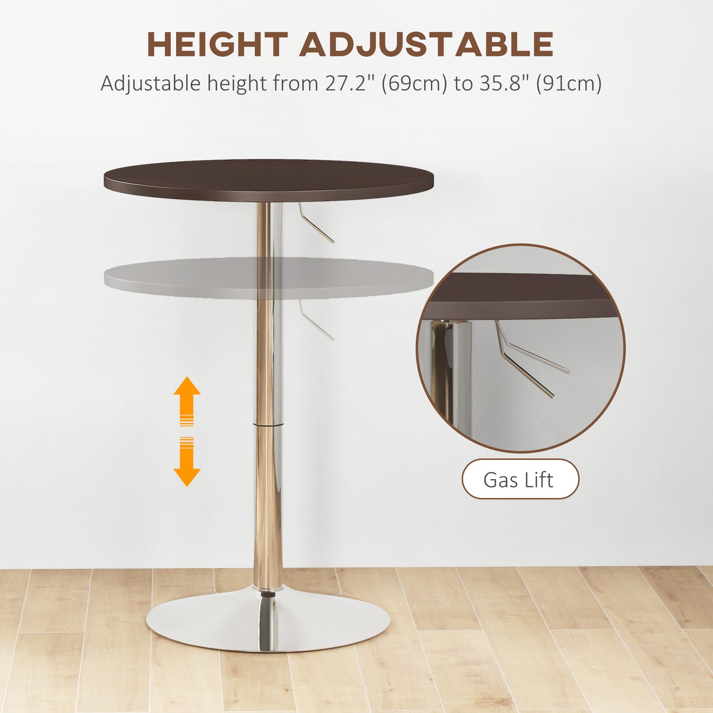 Adjustable Height Bar Table with 360° Swivel Top for 2 People, Walnut