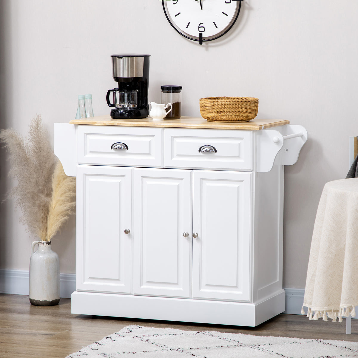 Rolling Kitchen Serving Cart with Rubber Wood Top and Towel Rack and Cabinet, White