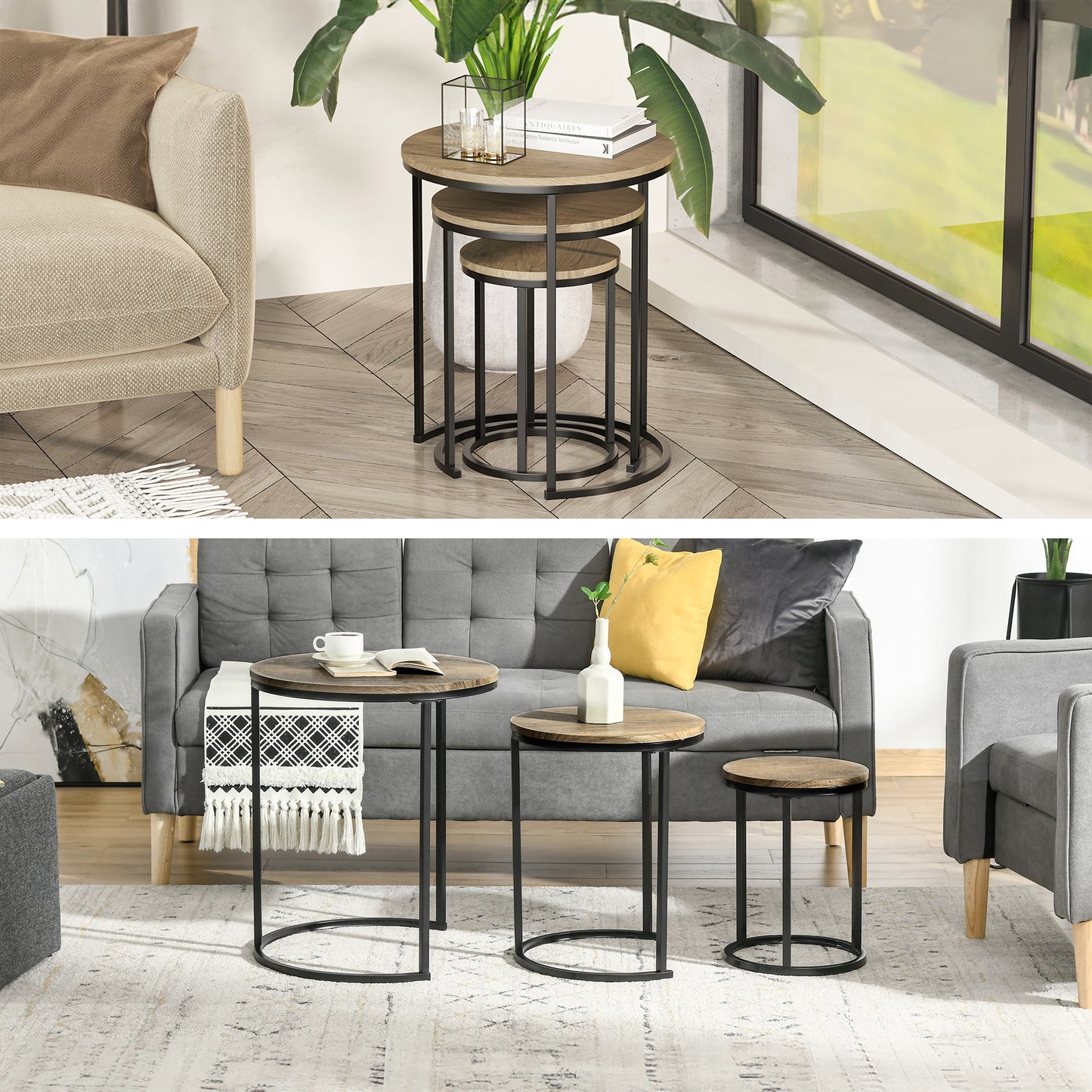 Round Nesting Coffee Table Set of 3 with Steel Frame - Natural Wood