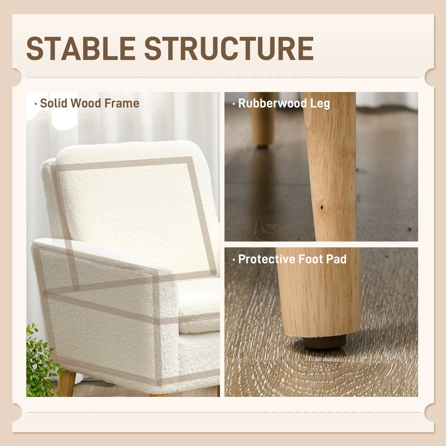Fabric Accent Chair, Modern Upholstered Armchair with Wood Legs, Cream White