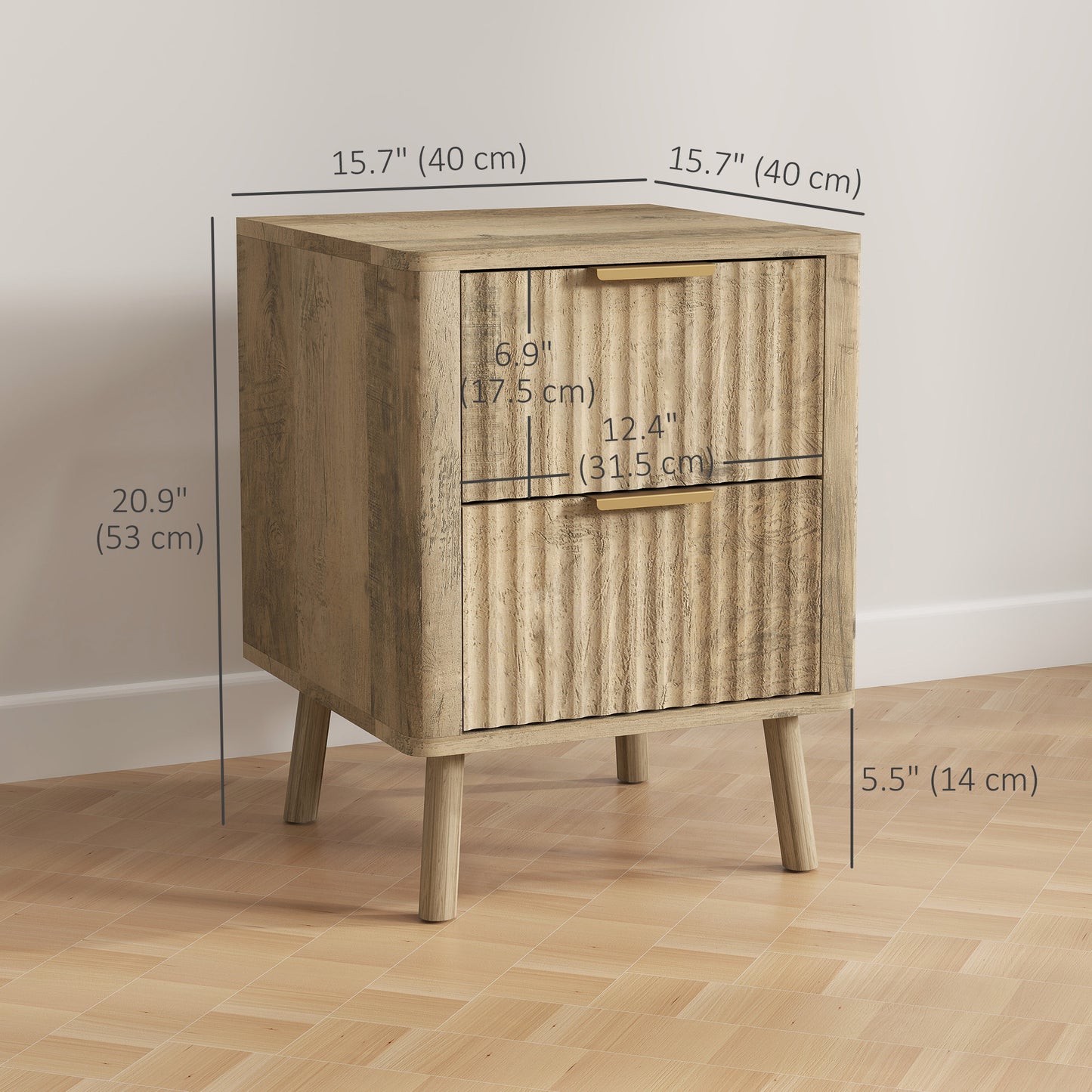 Nightstands with Gold Finger Pulls and Round Edges, Oak (Set of 2)