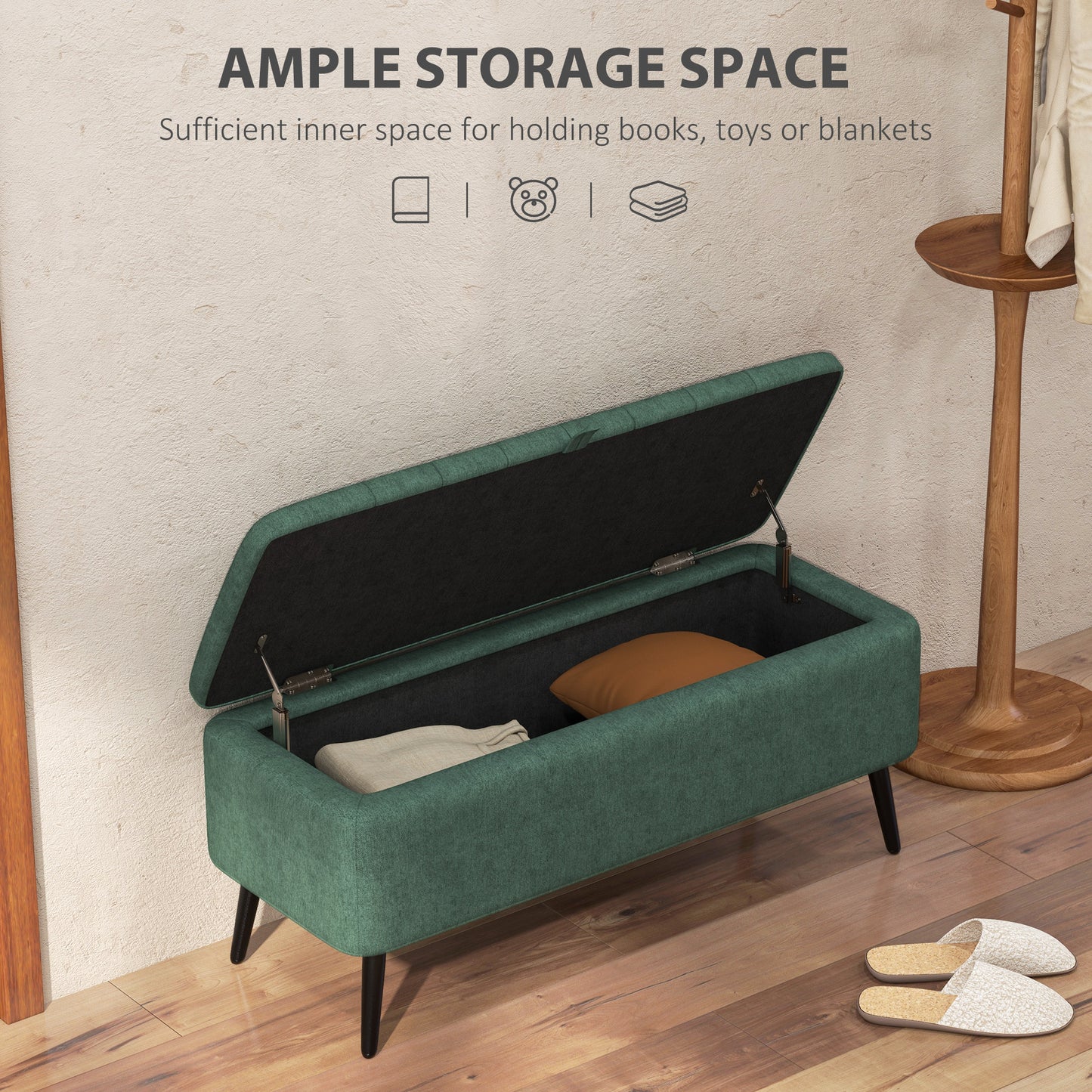 40" Linen Storage Ottoman Bench with Steel Legs, Dark Green