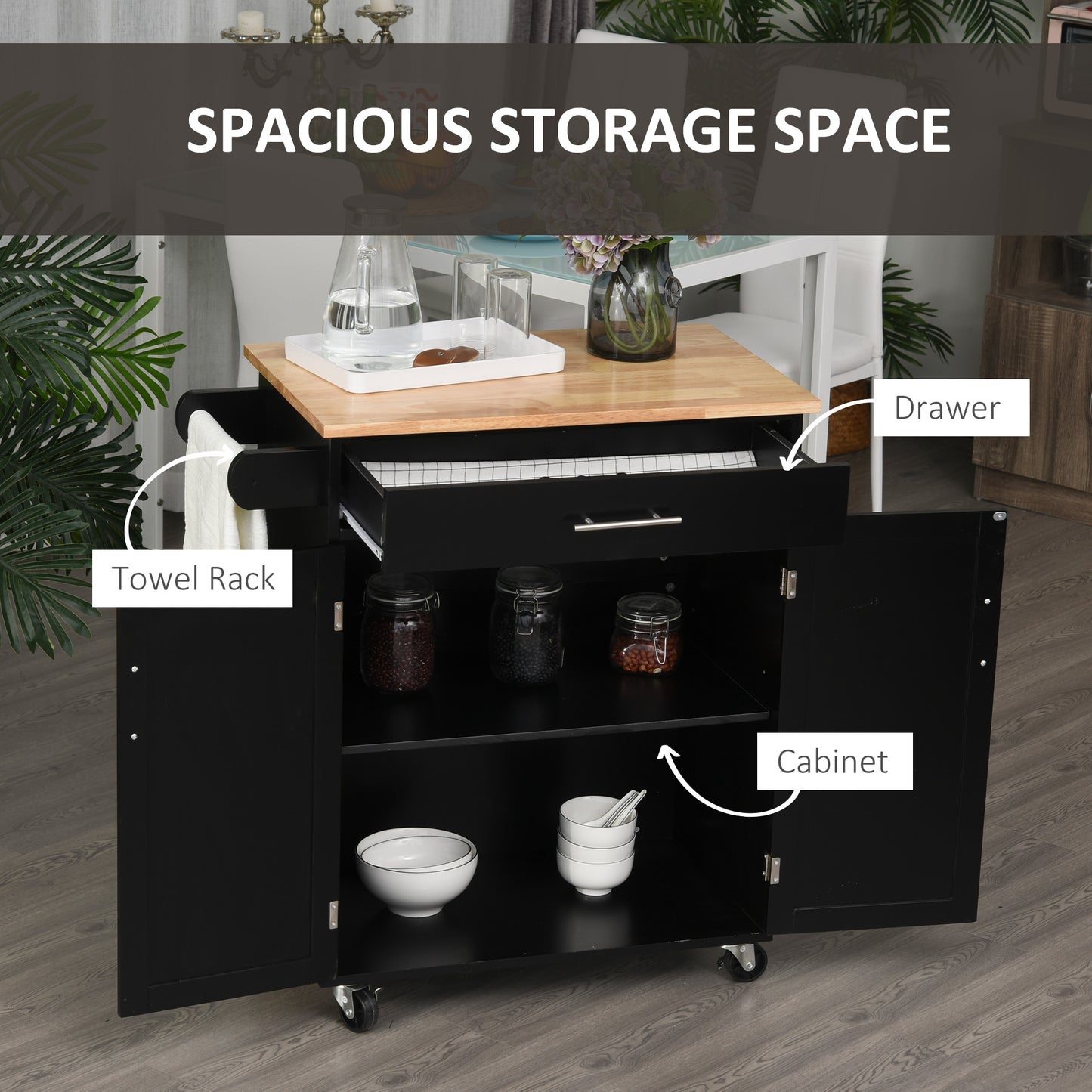 Rolling Kitchen Island Cart with Wood Top, Storage Drawer and Towel Rack, Black
