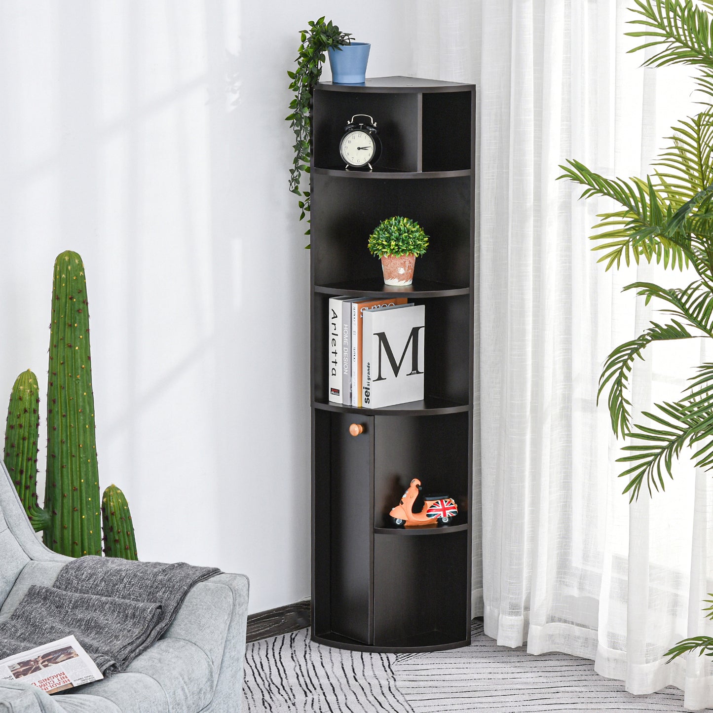 5-Tier Corner Bookcase with Cabinet, Black