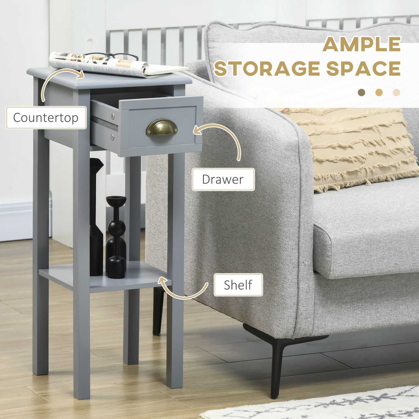 Narrow Tall Side Tables with Drawer and Shelf, Gray (Set of 2)