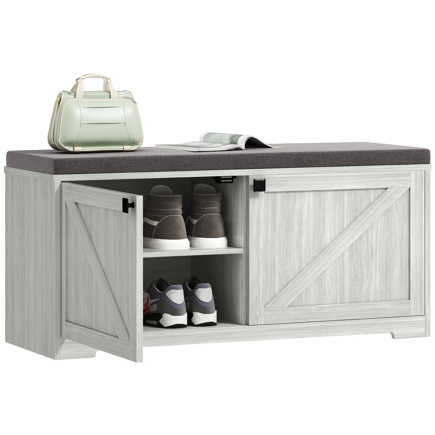 Padded Shoe Storage Bench with 4 Compartments for 8 Pairs, Light Grey