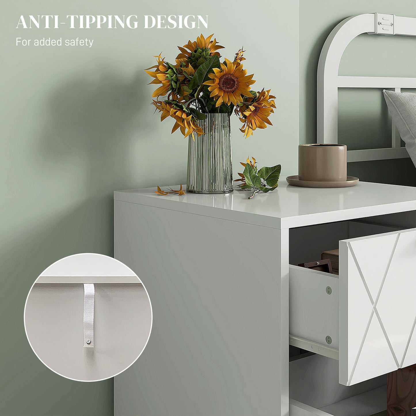 Modern Bedside Table with Gold Hairpin Legs and 2 Drawers, White