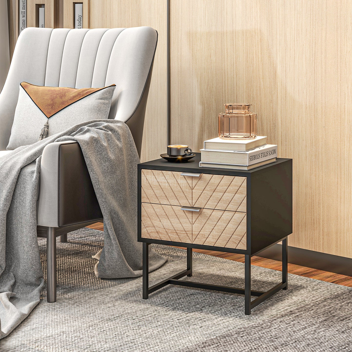 Modern Herringbone Nightstand with Steel Frame, Black and Oak
