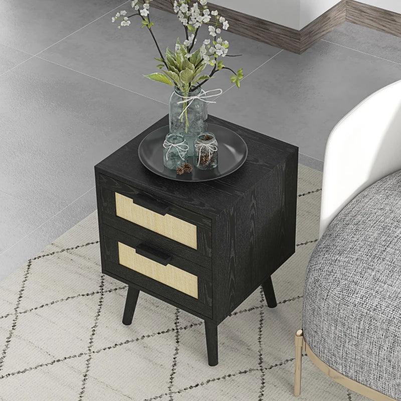 Boho Nightstands with Woven Rattan Drawers, Black (Set of 2)