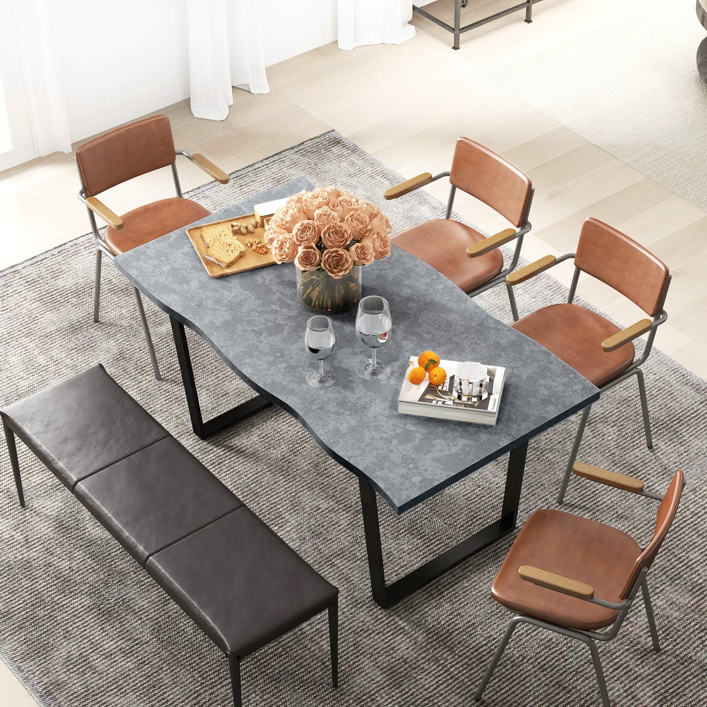 63" Industrial Dining Table with Wave Edge and Steel Legs - Cement Gray