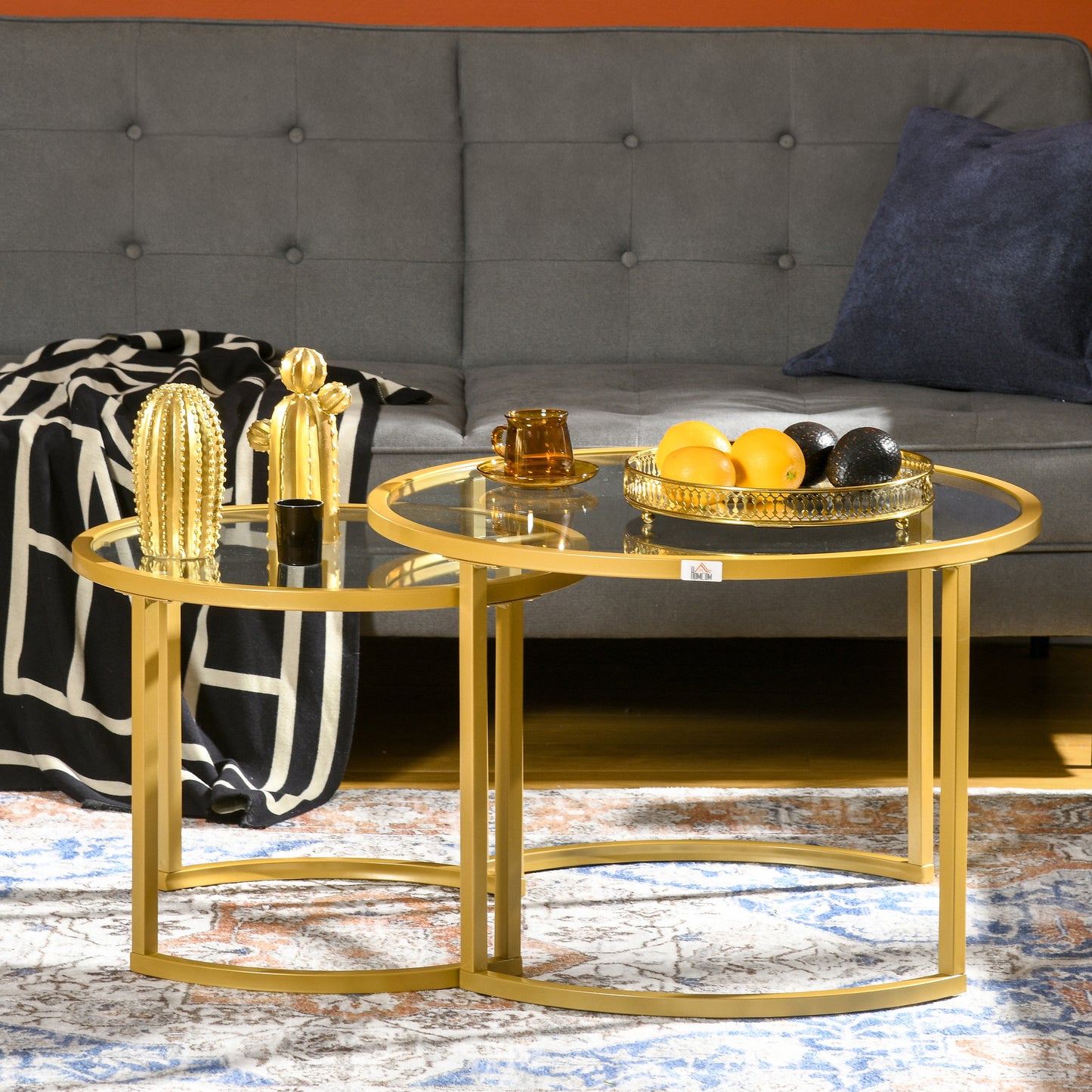Gold Round Nesting Tables Set of 2 with Tempered Glass Top