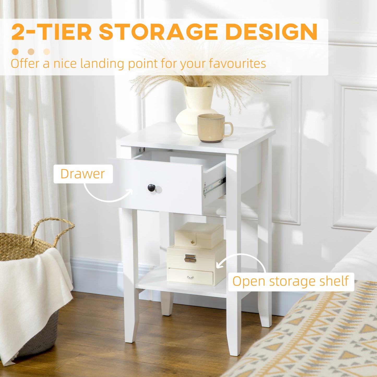 2-Tier Side Tables with Drawer and Shelf, White (Set of 2)