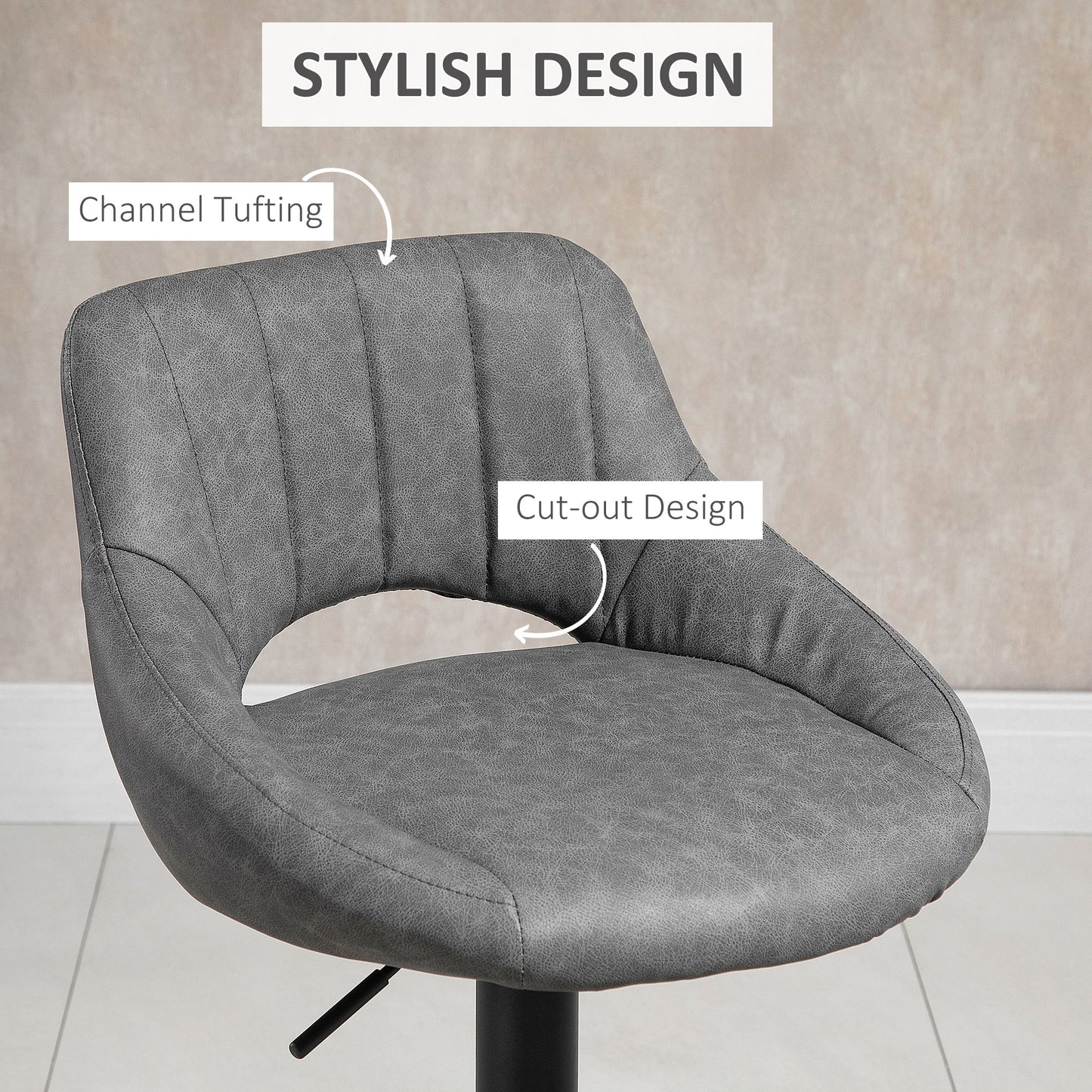 Adjustable Height Swivel Bar Stools with Faux Leather Upholstery, Grey (Set of 2)
