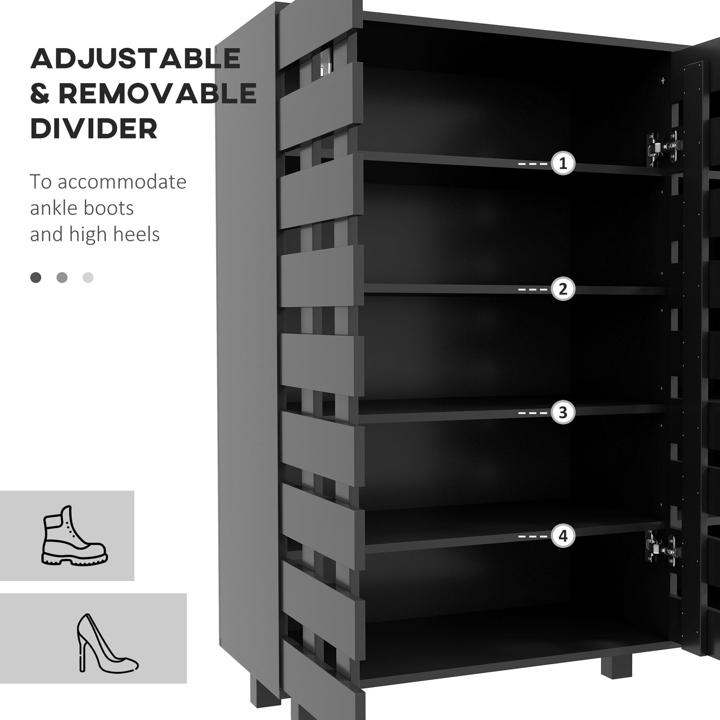 21 Pair Shoe Storage Cabinet with Double Doors and Open Shelves, Black