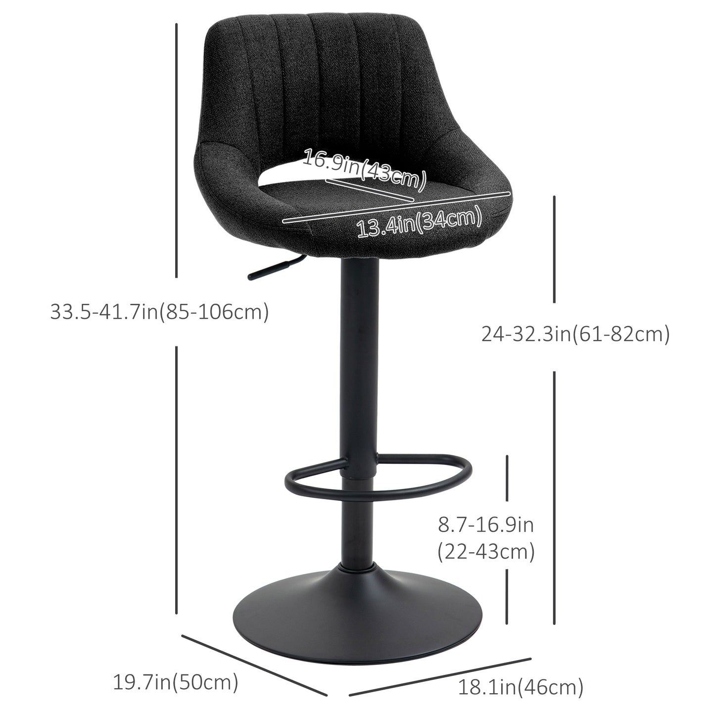 Adjustable Height Swivel Bar Stools with Linen Upholstery, Black (Set of 2)