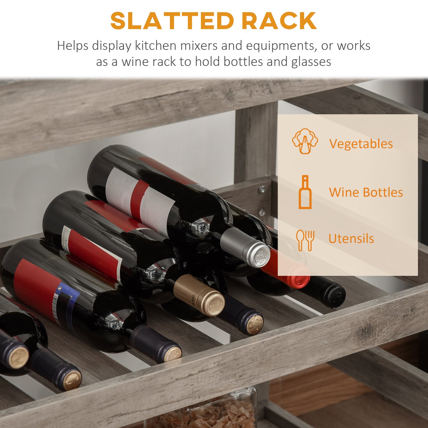 Kitchen Cart Rolling Island with Concrete Effect Top and Wine Rack, Grey