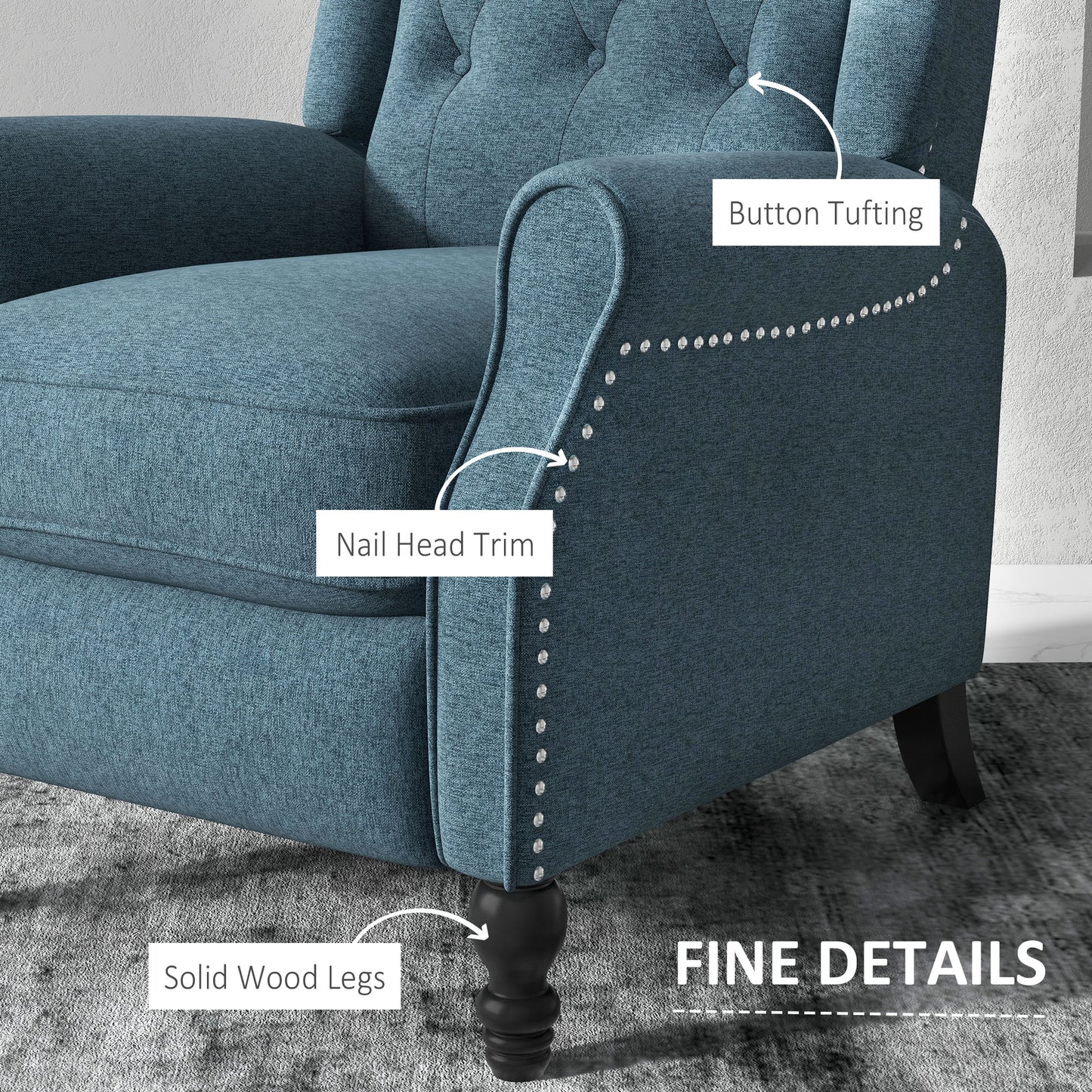 Wingback Reclining Chair with Button Tufting, Blue