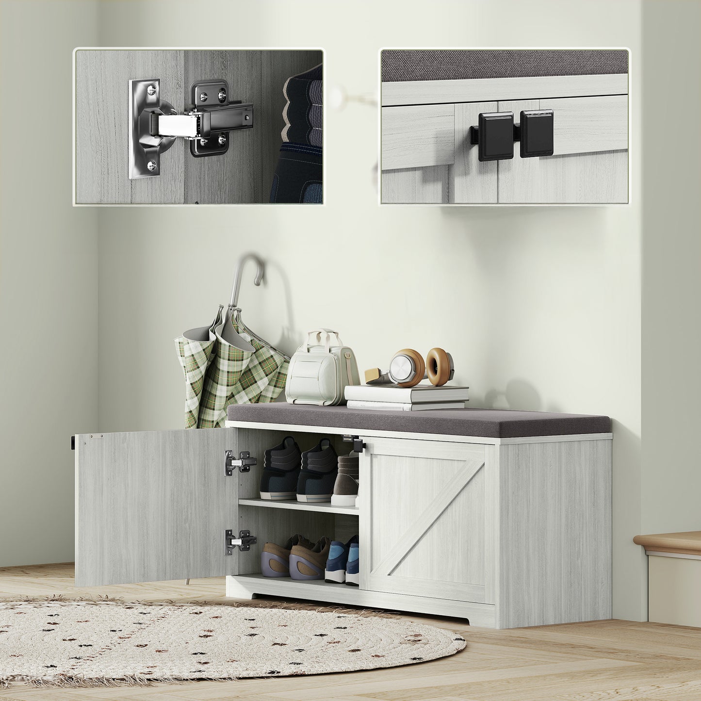 Padded Shoe Storage Bench with 4 Compartments for 8 Pairs, Light Grey