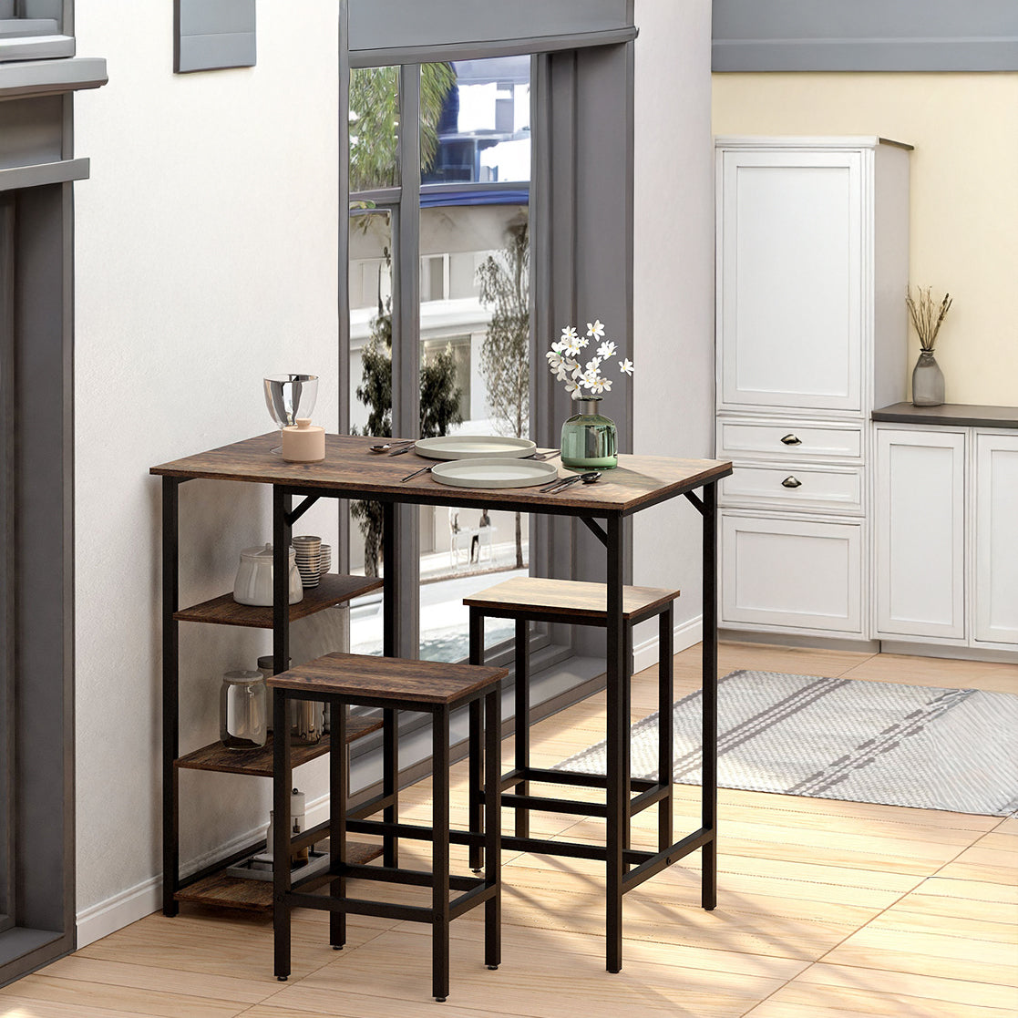 Industrial Bar Table Set with 2 Stools and Storage Shelf